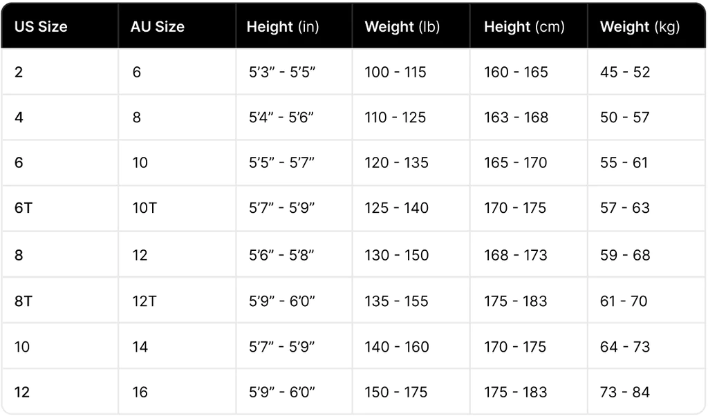 2024 Wallien Wetsuit 0 Size Chart